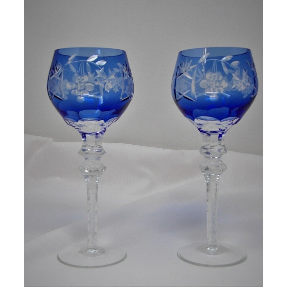 2 Bohemian Crystal Cobalt Blue Cut to Clear Grapes Star Flower WineHock  Glasses